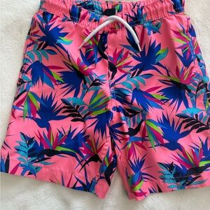 Lands' End Kids Pink Tropical Swim Trunks with Blue & Green Leaf Print